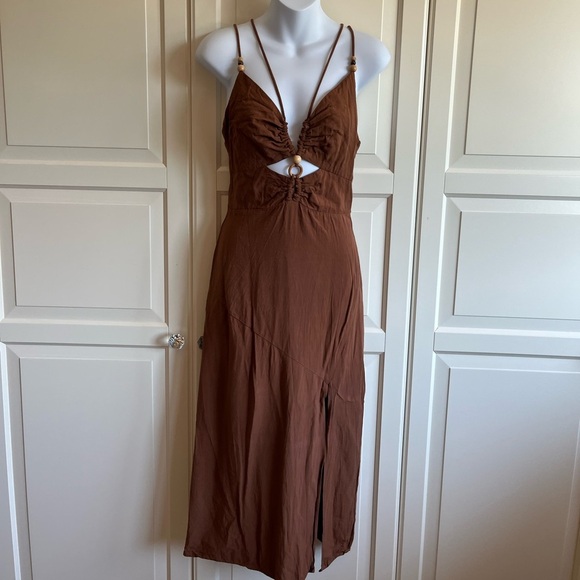 Zara Women Rustic Camisole Midi Brown Dress Size Small. Linen Blend - Picture 6 of 14